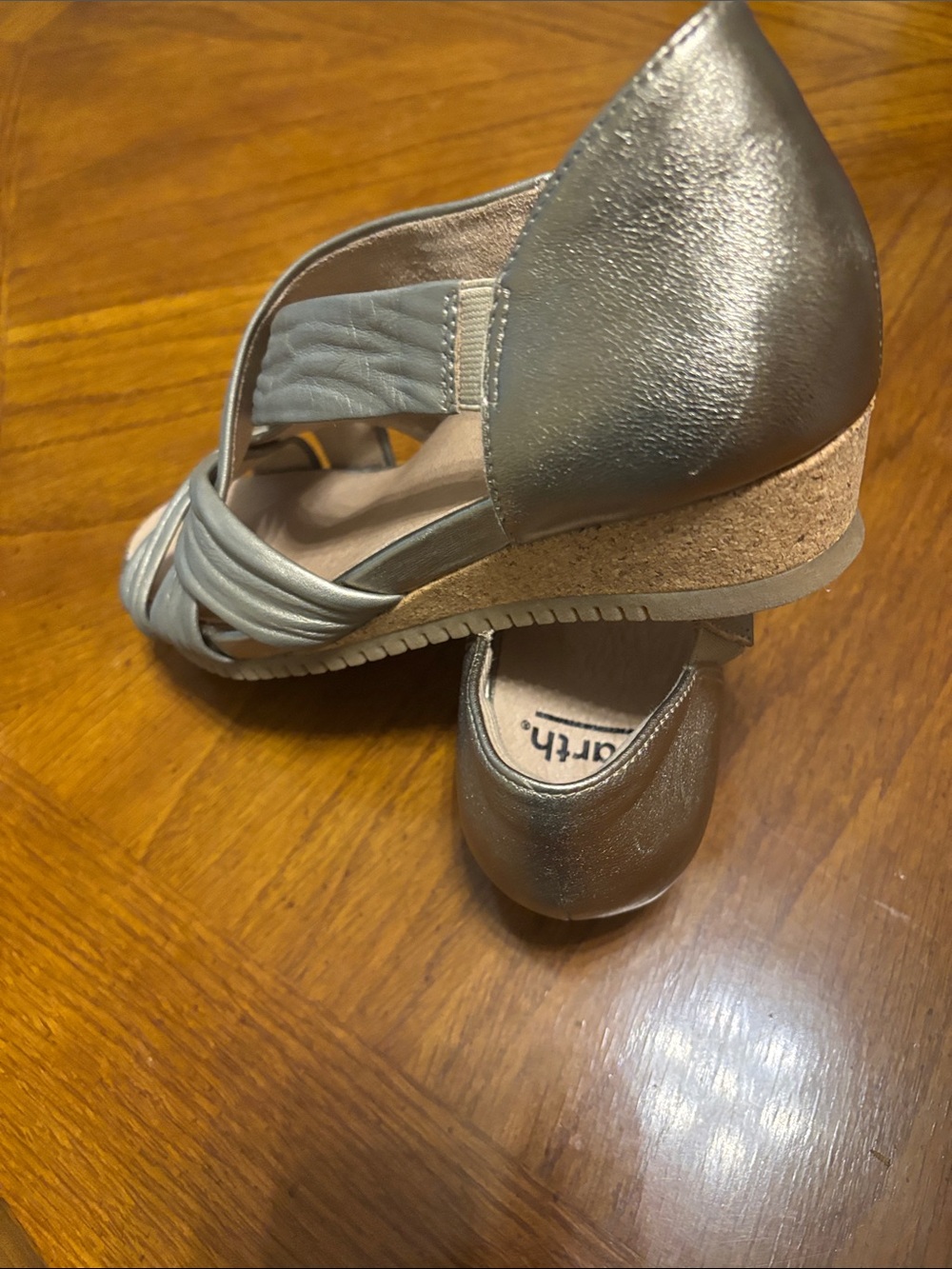 Earth Metallic Pewter Cork Wedge Sandals